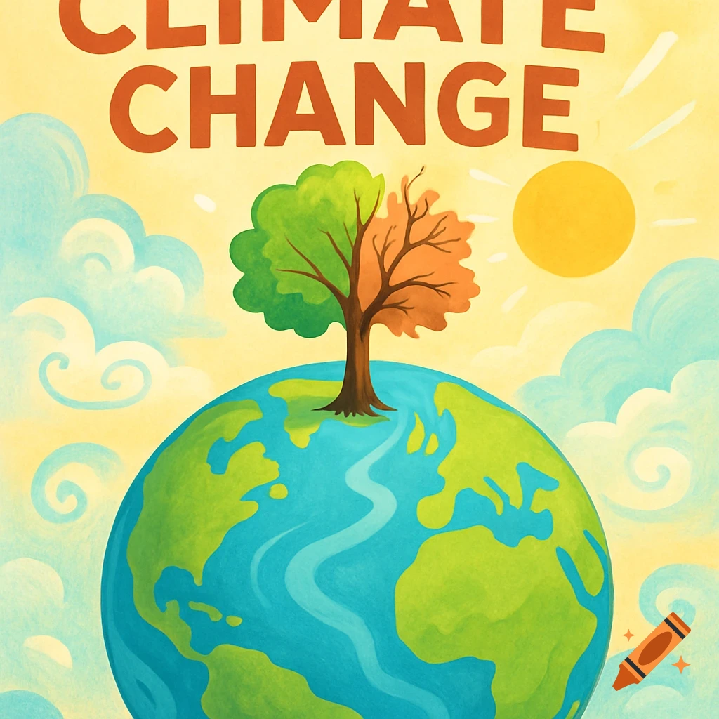 A cartoon climate change poster shows Earth with a tree, half green and half dead, under a sunny sky. Text reads 'CLIMATE CHANGE'.