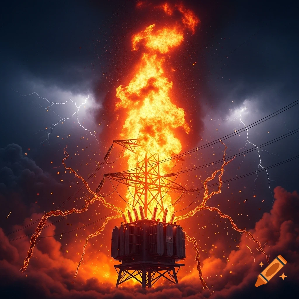 A large electrical transformer erupts in massive flames and sparks, with lightning streaking across a dark, stormy sky.