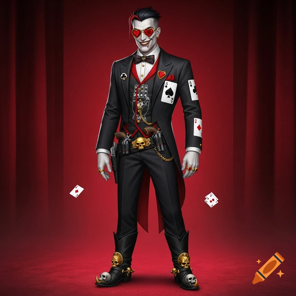 A stylized character with grey skin, red heart sunglasses, a Joker-like grin, and a black suit adorned with playing card symbols, guns, and skulls, stands on a red stage.