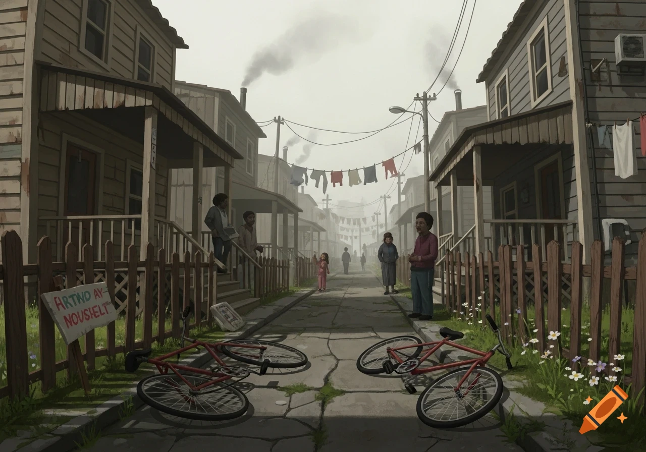 Illustration of a rundown urban street with wooden houses, people, bikes on the ground, and laundry hanging under an overcast sky.