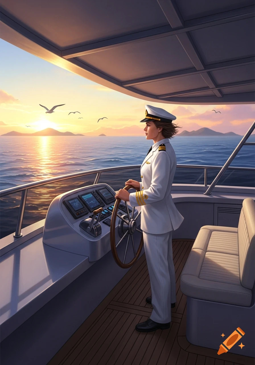 A female captain in uniform steers a yacht at sea during a colorful sunset, with mountains and birds in the distance.