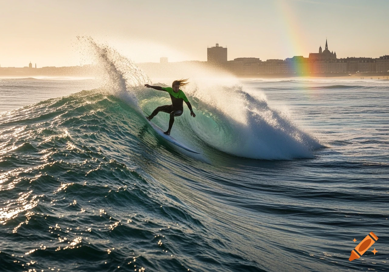 A surfer rides a large wave at sunset, with a city skyline and a vibrant rainbow in the background.