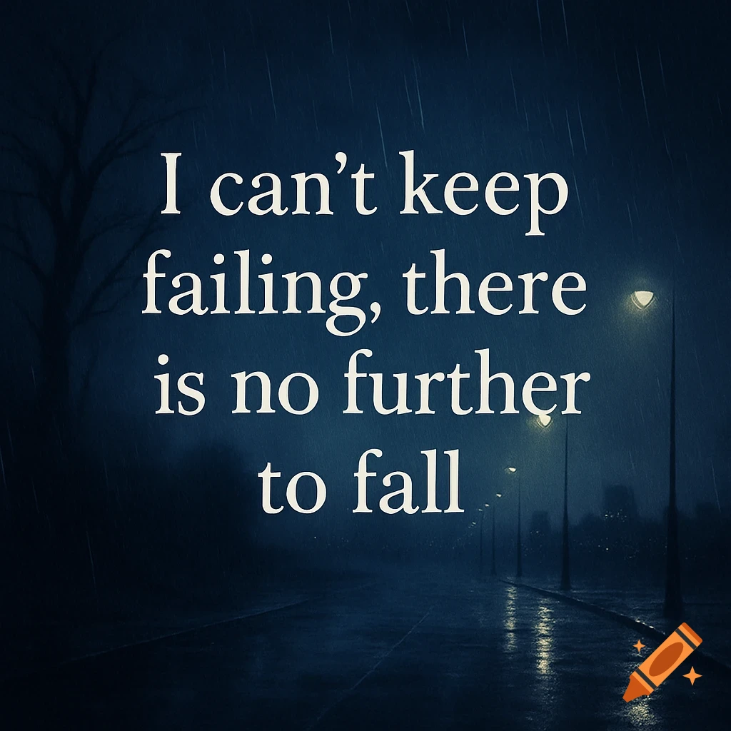 A dark, rainy street at night with glowing streetlights, featuring the white text "I can’t keep failing, there is no further to fall".