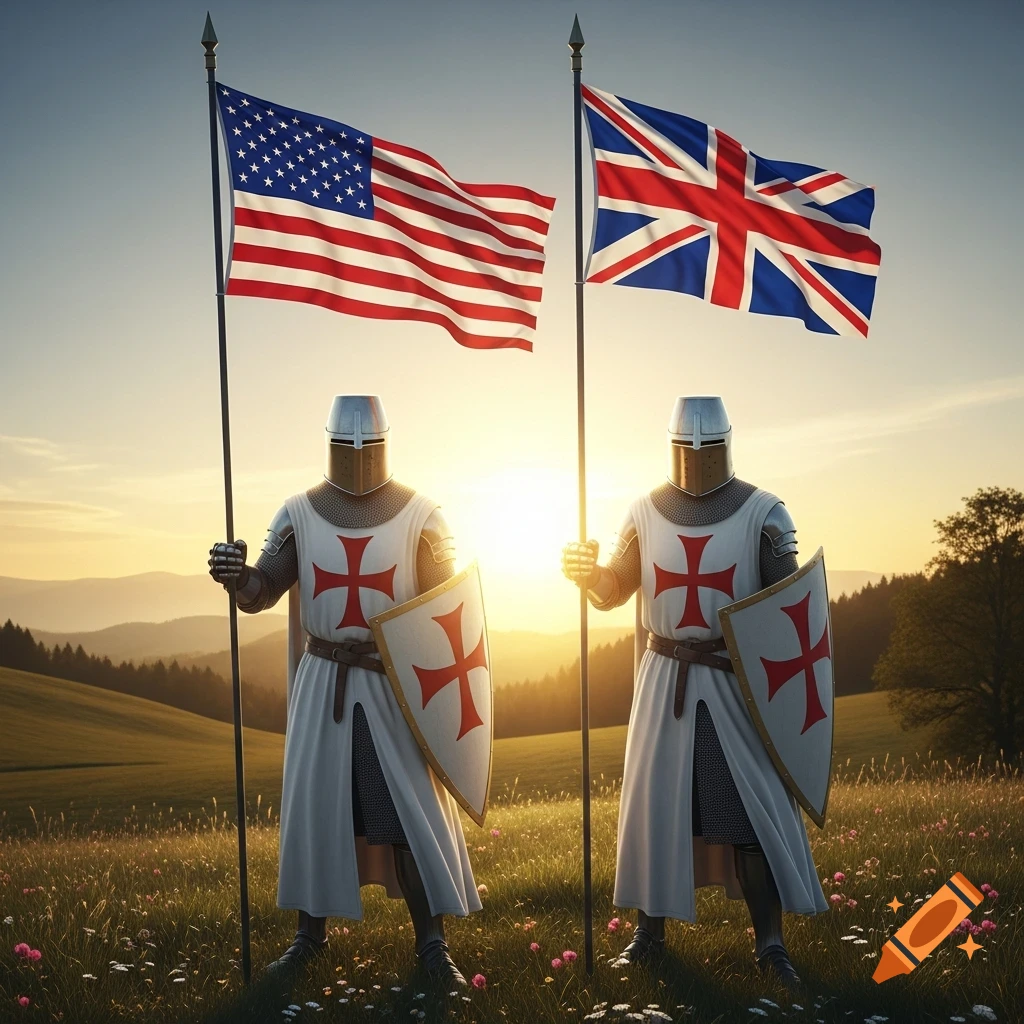 Two armored Templar knights stand in a sunlit field, one holding an American flag, the other a British flag. Photorealistic.