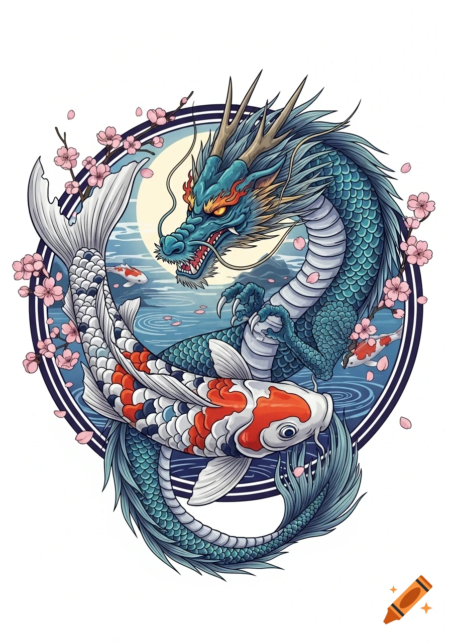 A stylized Japanese blue dragon and a white and orange koi fish intertwine in a circle, surrounded by cherry blossoms and a full moon over water.
