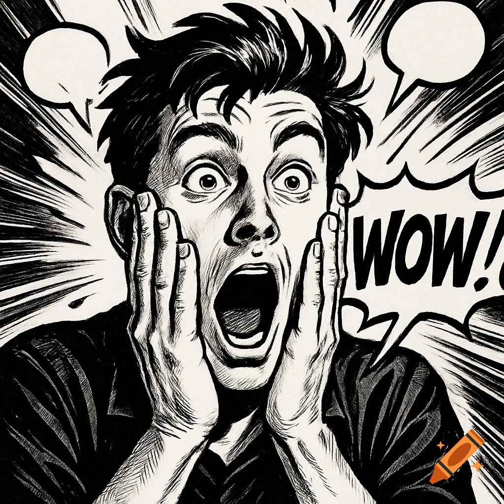 Monochrome comic art of a surprised man with hands on cheeks, mouth open, shouting 'WOW!!' in a speech bubble.