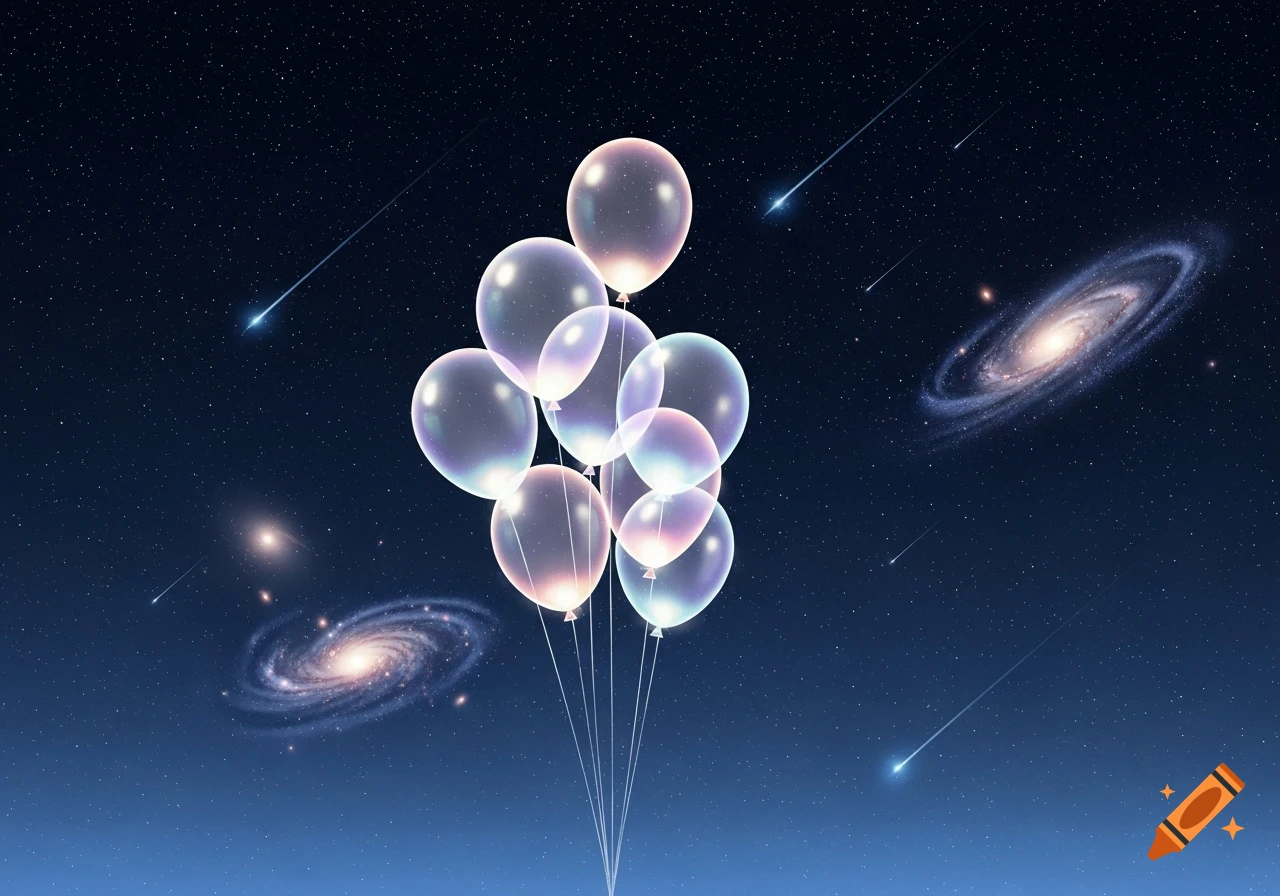Luminous translucent balloons floating in a starry deep blue space with galaxies and shooting stars.