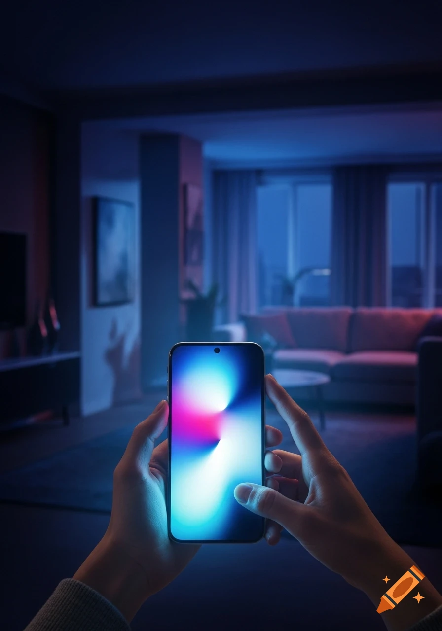 Hands hold a smartphone with a brightly glowing, swirling abstract screen in a dimly lit room.