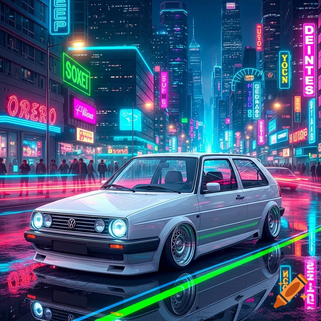 White tuned Golf 2 car on a wet street at night, glowing with neon lights reflecting from a vibrant 80s cityscape.