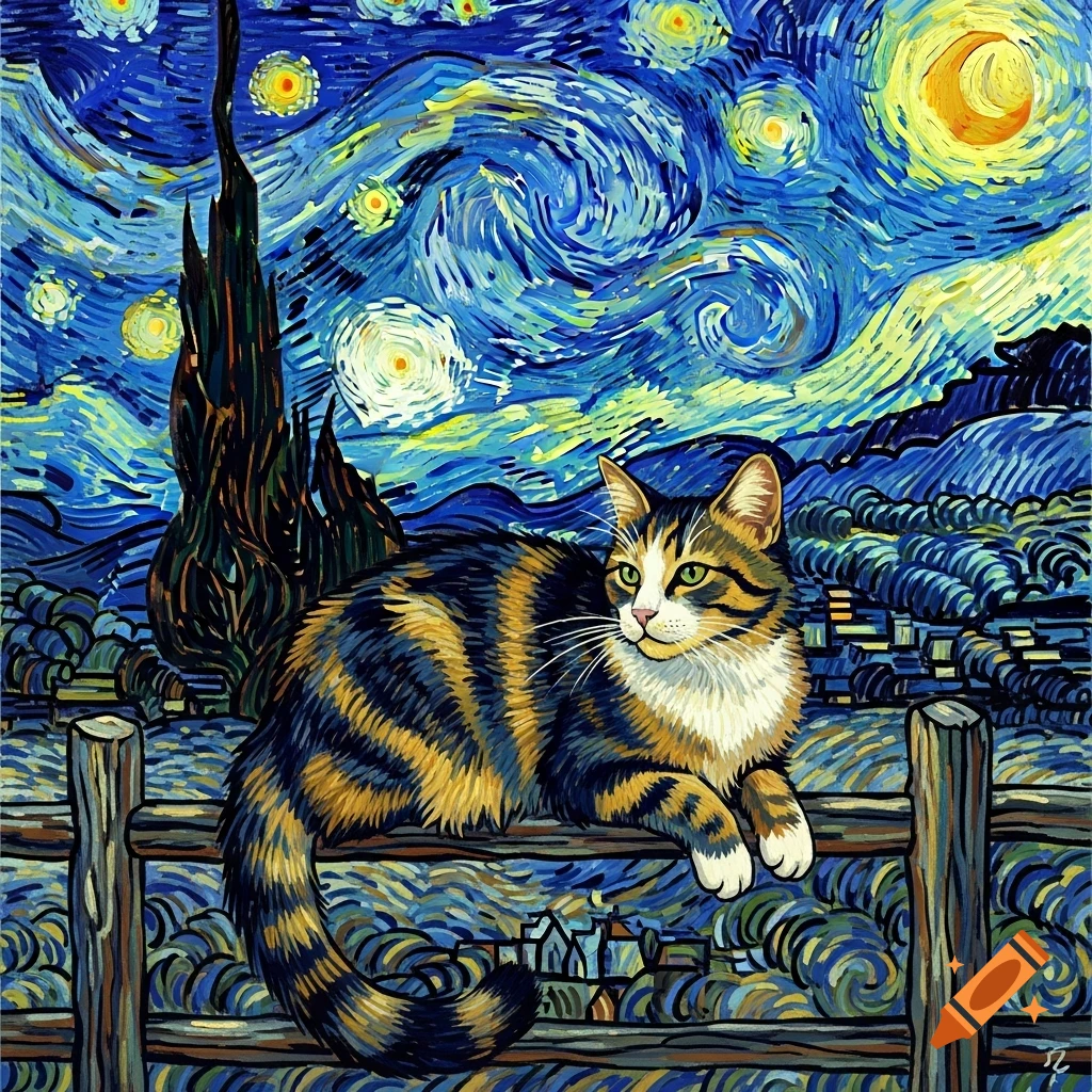 A calico cat sits on a fence under a swirling, starry night sky, rendered in the iconic Van Gogh painting style.