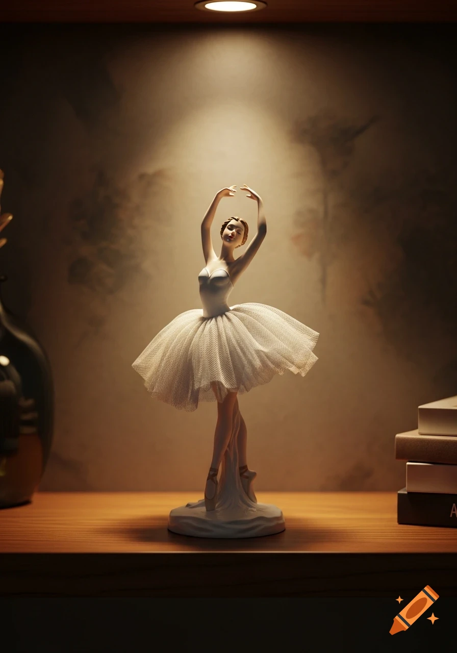 A detailed ballerina figurine in a white tutu, illuminated by a spotlight, standing on a wooden shelf with books in the background.