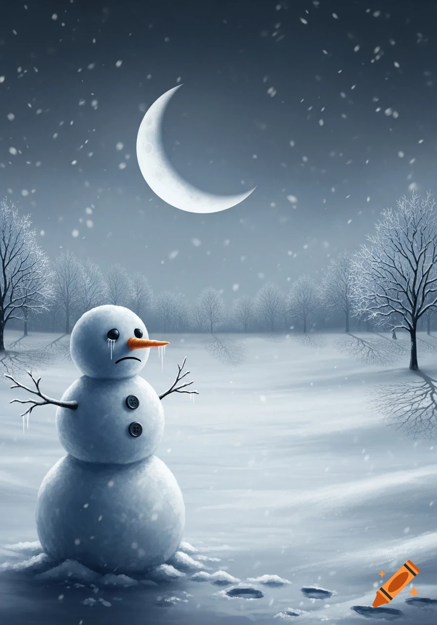 A crying snowman with icicles on its face and twig arms stands in a snowy field under a crescent moon, with bare trees in the background.