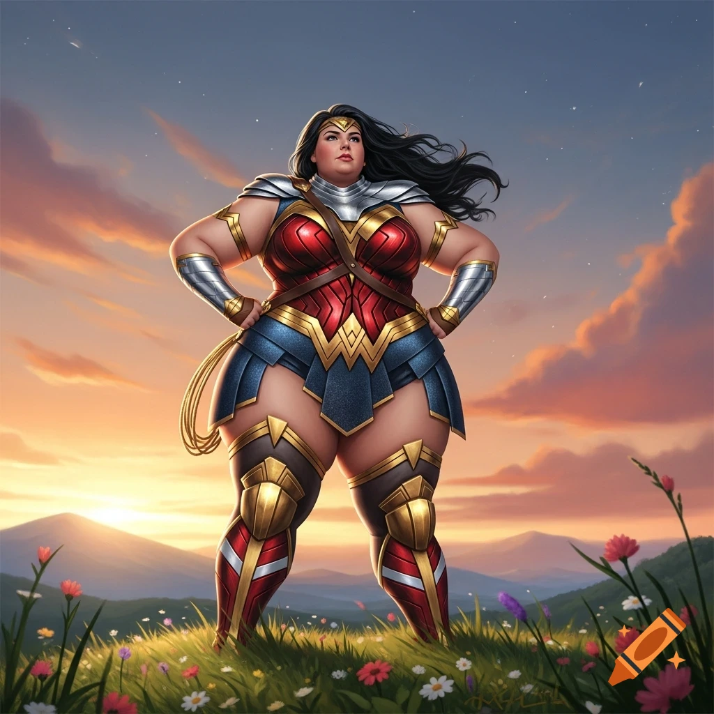 Plus-size Wonder Woman stands confidently with hands on hips in a wildflower field at sunset, digital art.