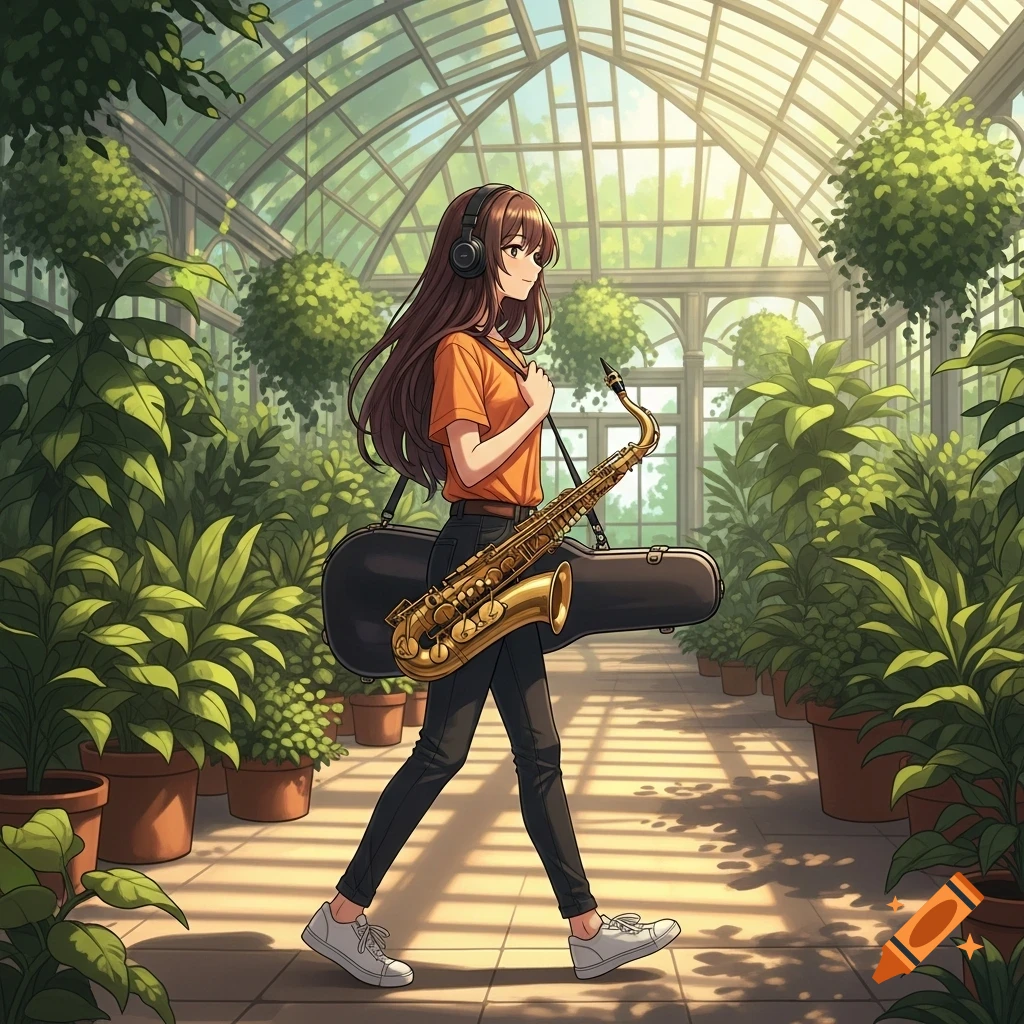 Anime girl with headphones walks through a sunny greenhouse, carrying a saxophone and its case.