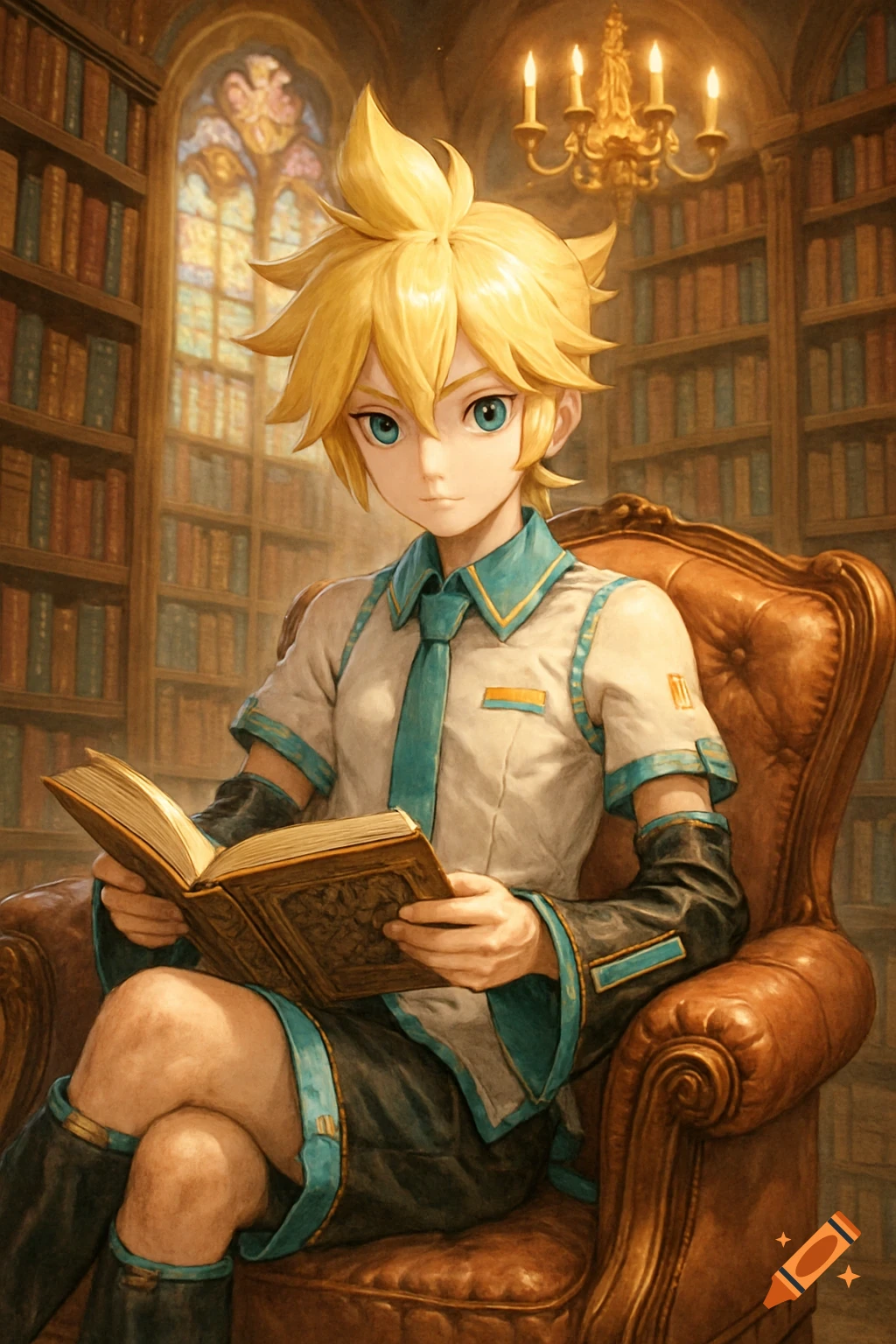 Anime boy Kagamine Len with blonde hair and blue eyes sits in a library chair, reading a book.