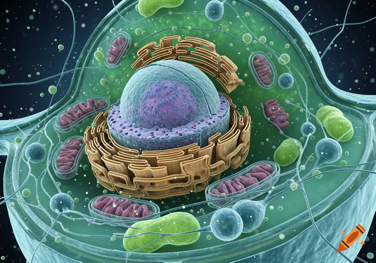 Detailed hyper-realistic 3D rendering of the interior of an animal cell, showing nucleus, mitochondria, and endoplasmic reticulum in green cytoplasm.