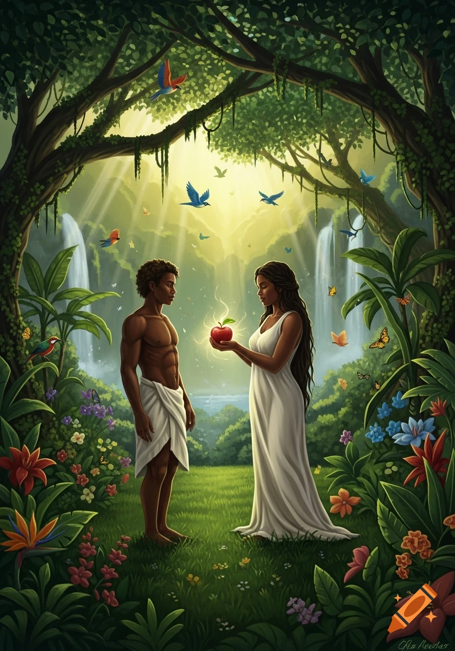 Eve offers a glowing red apple to Adam in a lush Garden of Eden with waterfalls, birds, and colorful flowers, in a vibrant illustration.