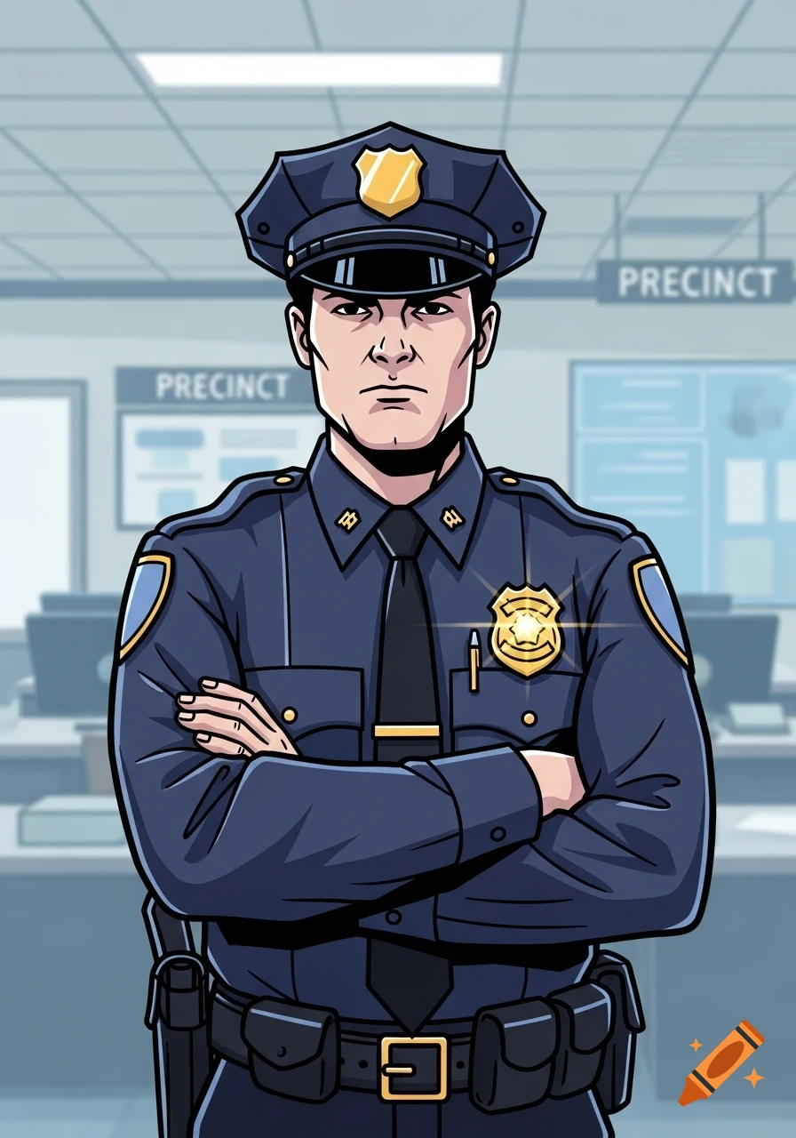 A cartoon police officer in a blue uniform and cap with a badge, standing with arms crossed in front of a police precinct background.