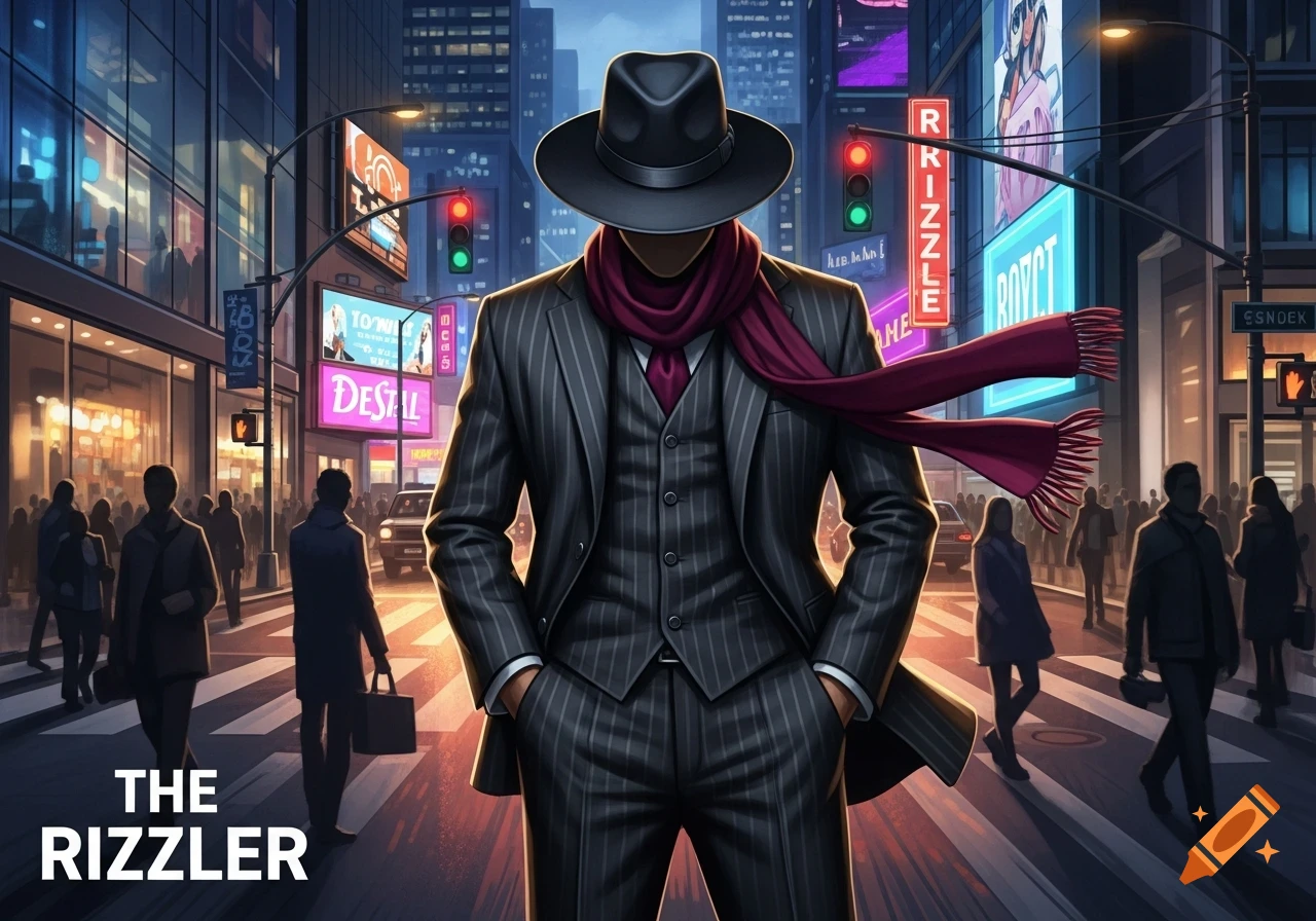 A stylized image of a mysterious man in a pinstripe suit, vest, and fedora with a purple scarf, standing on a crosswalk in a neon-lit city street at night. The words "THE RIZZLER" are in the bottom left.