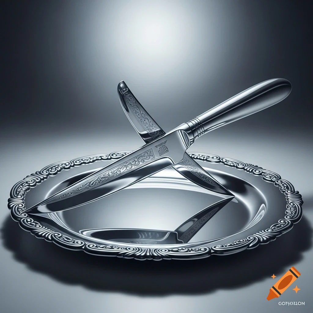 A shiny silver knife with ornate engravings rests on a decorative silver platter, against a dark, reflective background.