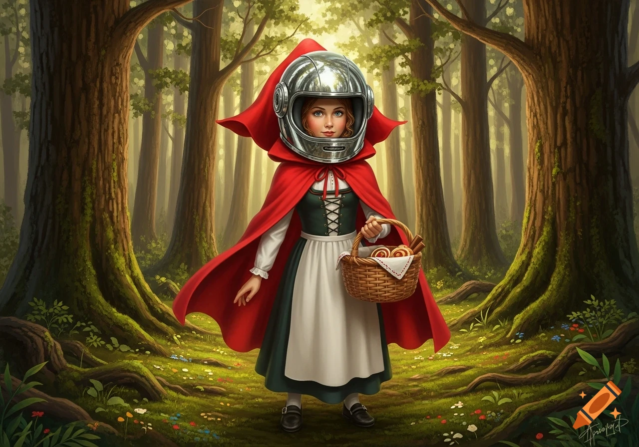 A girl in a red cloak and a silver space helmet, holding a basket, stands in a vibrant, sunlit forest.