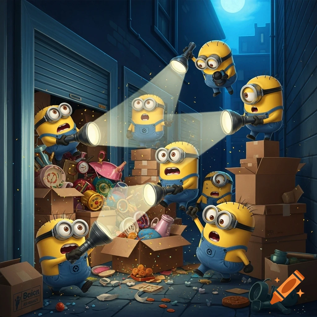 Mischievous Minions with flashlights make a mess unloading a storage unit at night, surrounded by scattered items and boxes, cartoon.
