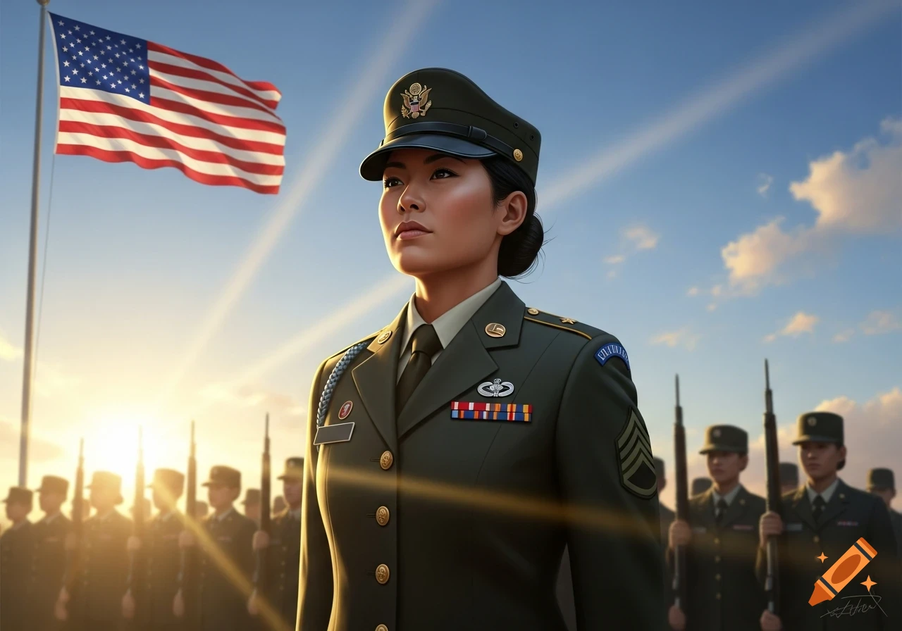 A confident Asian woman in a US Army uniform stands in formation with an American flag waving behind her at sunrise.