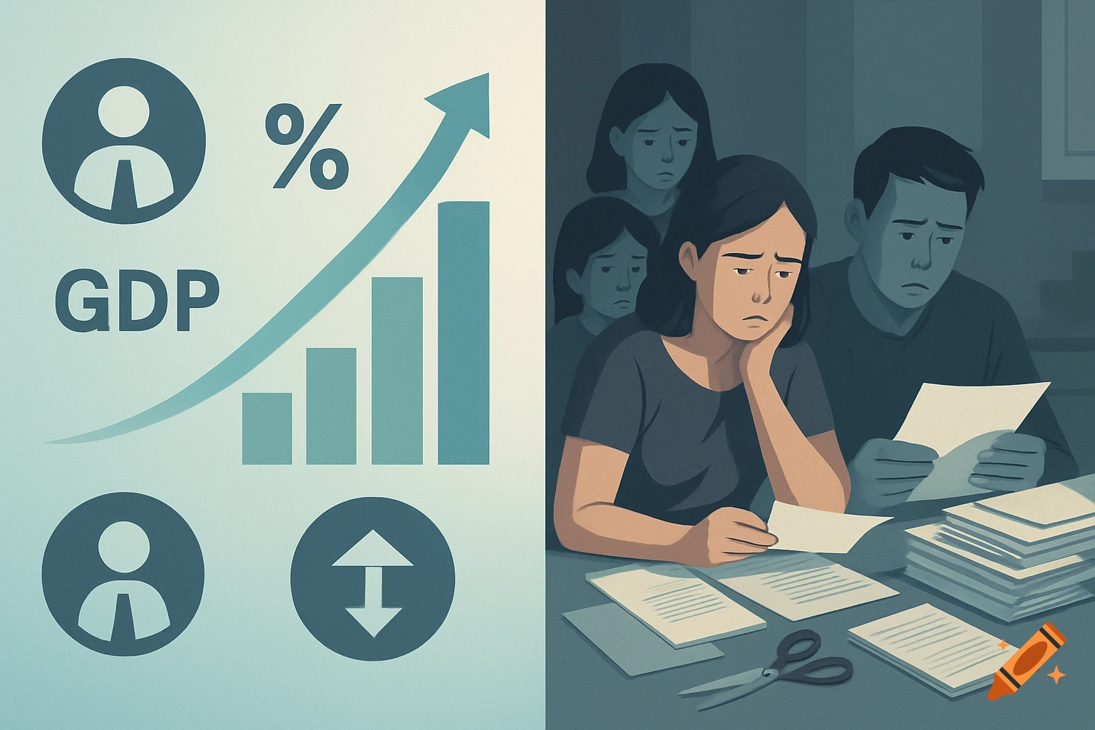 Split-screen illustration showing economic indicators like rising GDP and a stressed family reviewing bills, in a modern, muted color style.