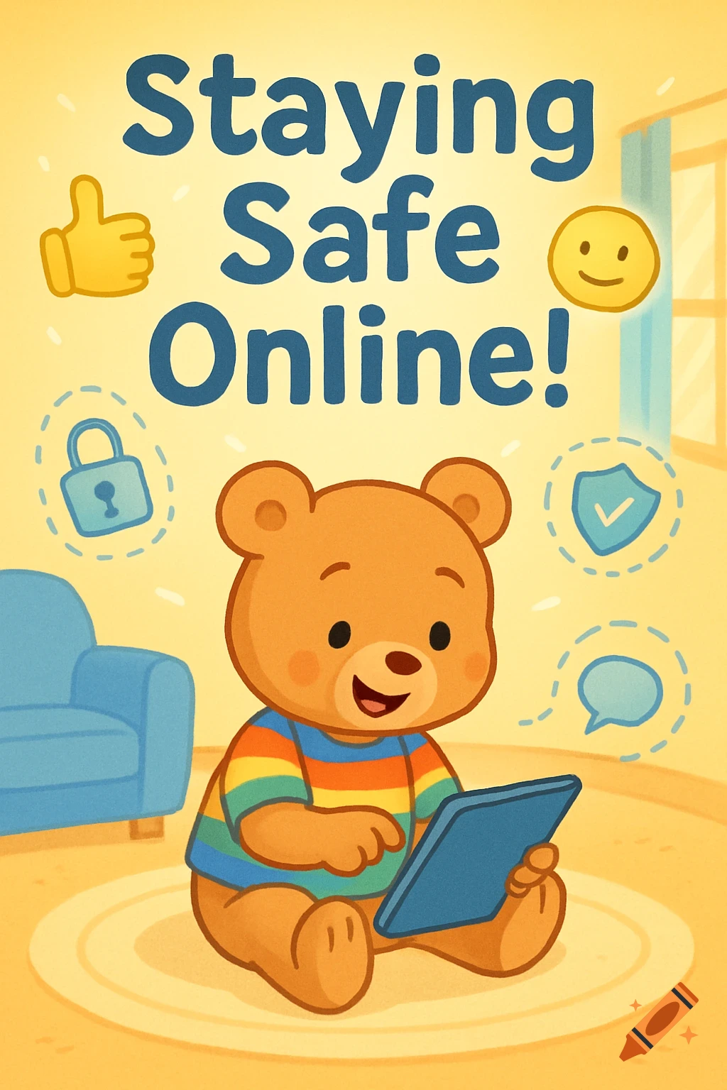 Cartoon bear sits on a rug, holding a tablet, with 'Staying Safe Online!' text, a thumbs-up, and safety icons.