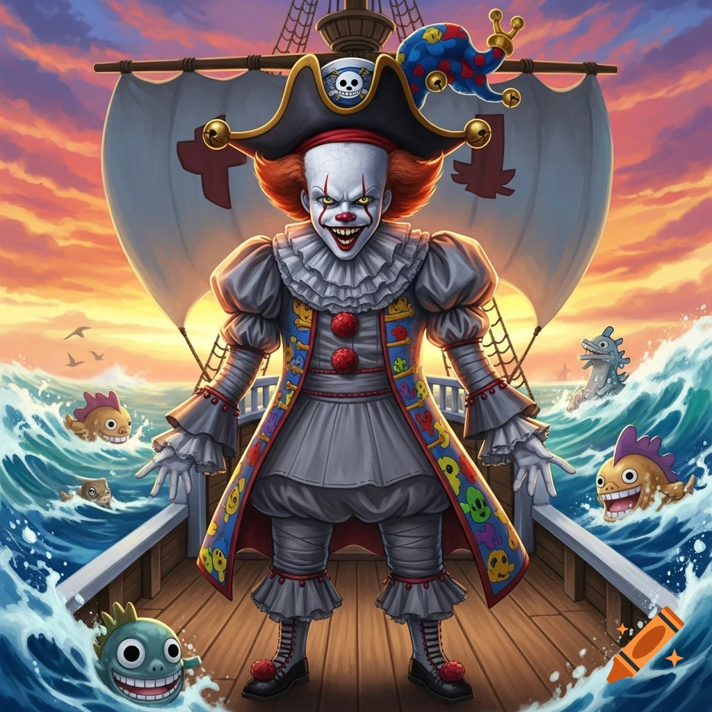 Cartoon Pennywise as a pirate stands on a ship at sea with large waves and smiling fish, under a vibrant sunset.