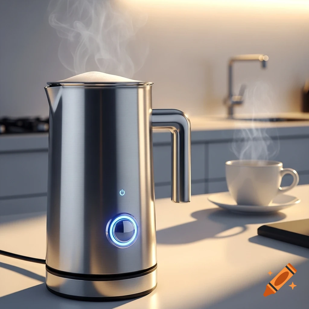 A sleek, silver milk frother with a glowing blue power button steaming on a kitchen counter next to a cup.