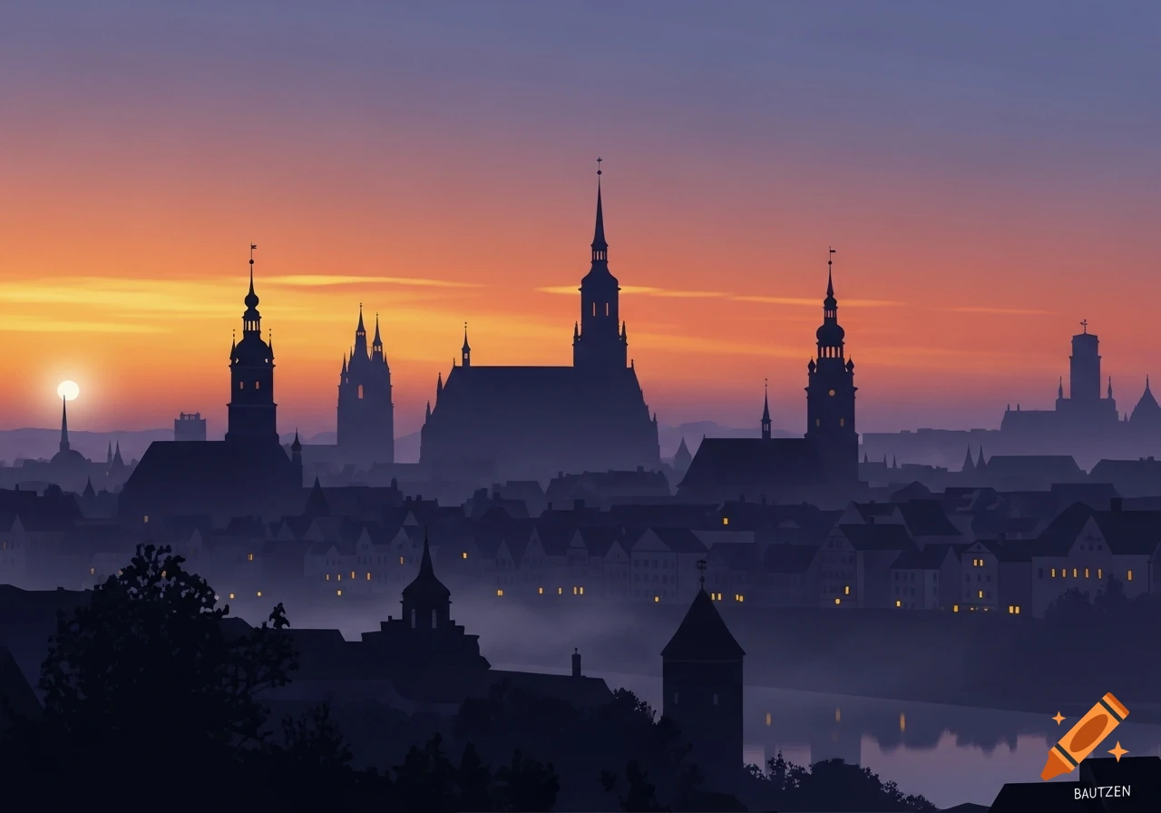 Stylized silhouette cityscape of Bautzen with spires against an orange and purple sunset sky, reflected in a misty river.