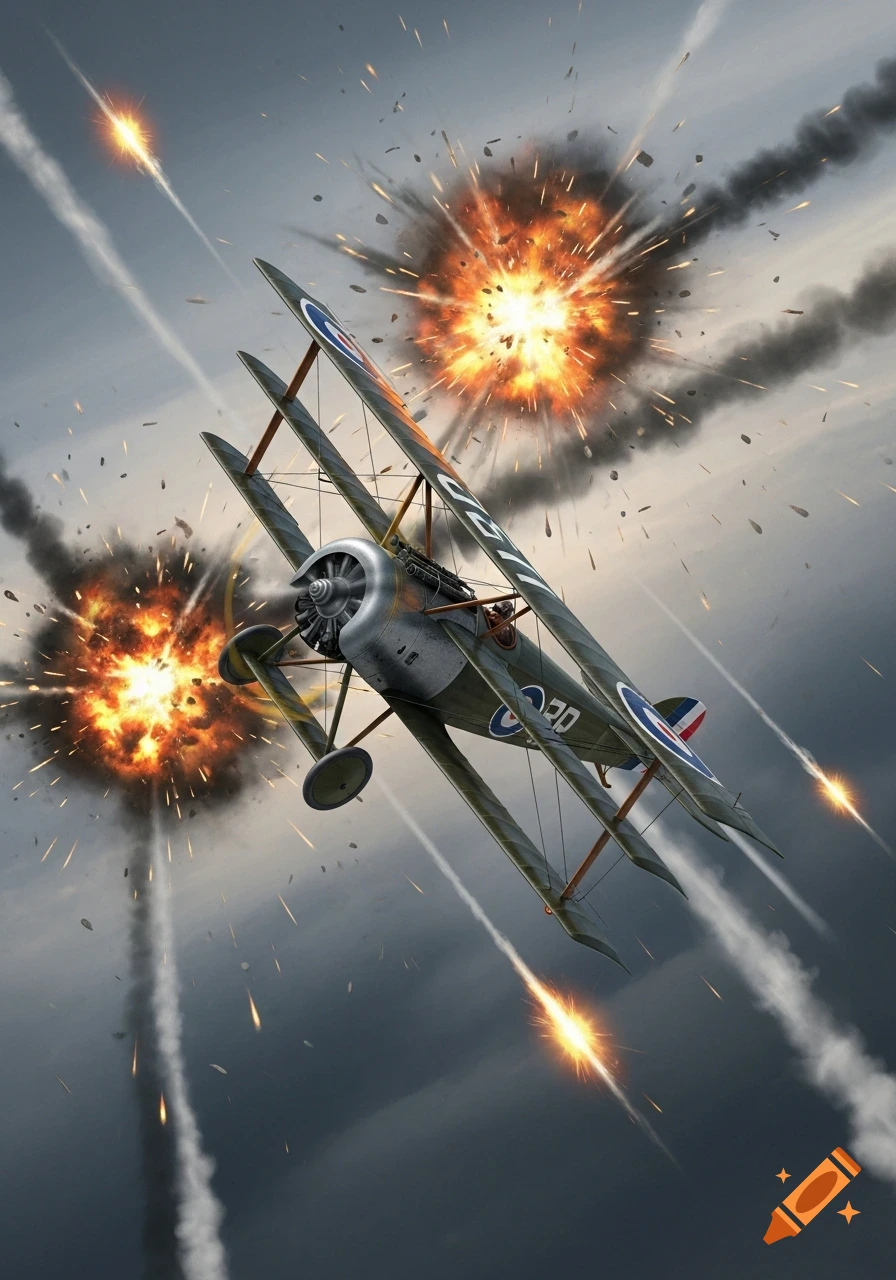 A WWI biplane, possibly a Sopwith Triplane, in aerial combat, dodging fiery explosions and bullet trails in a cloudy sky.
