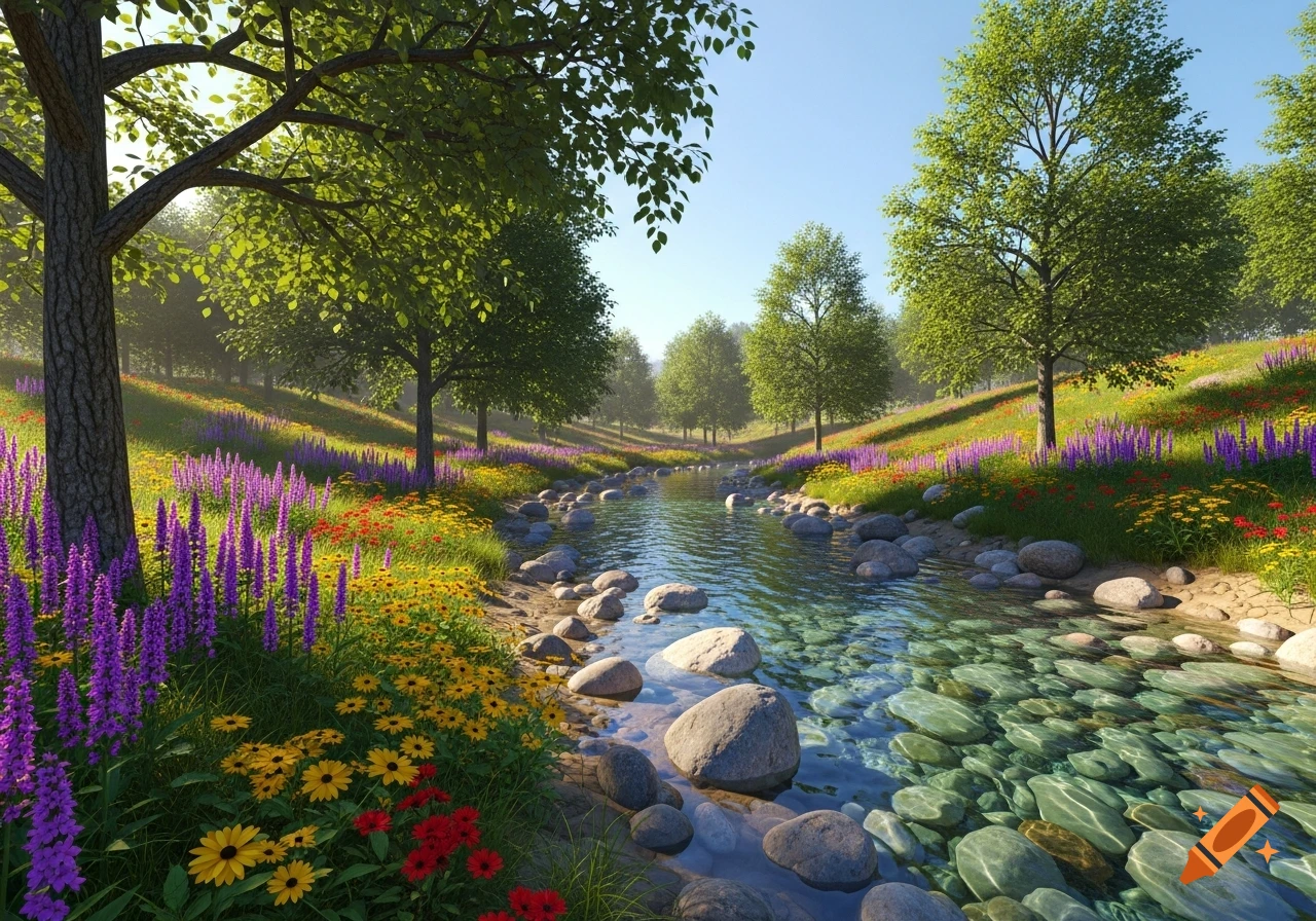 A vibrant river flows through a lush, sunlit valley filled with green trees, purple and yellow wildflowers, and smooth river stones.