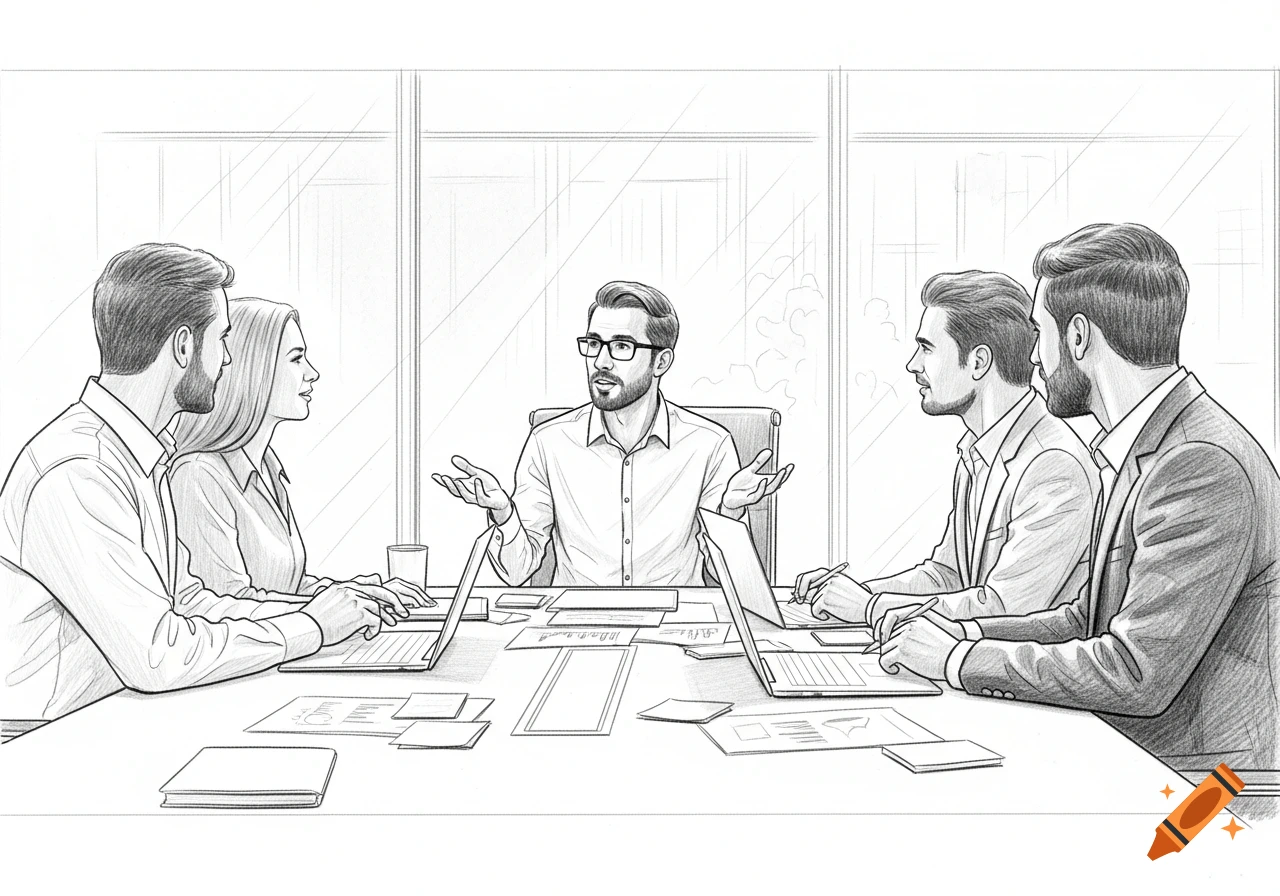Sketch illustration of five professionals discussing in a meeting, with laptops and papers on the table.