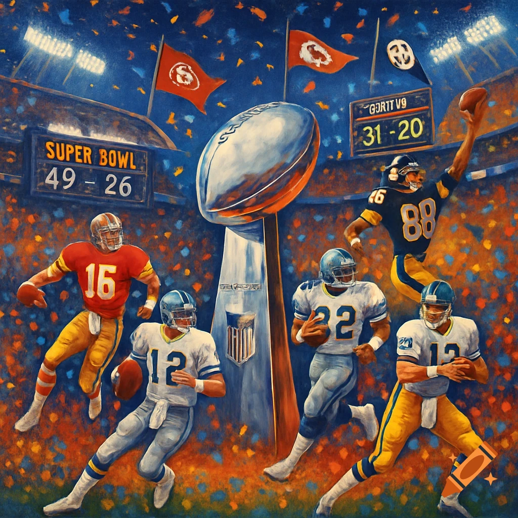 A vibrant, painterly scene depicting American football players in various action poses around a large Super Bowl trophy in a stadium, with scoreboards and confetti. Players wear red, white, blue, and yellow uniforms.
