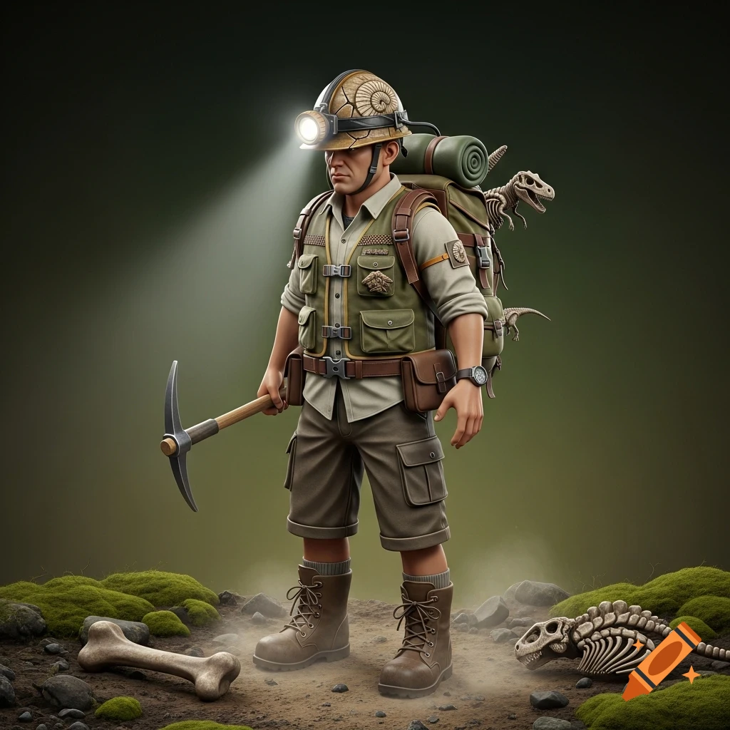 A detailed illustration of an explorer with a headlamp, pickaxe, and a backpack, standing among dinosaur fossils and bones.