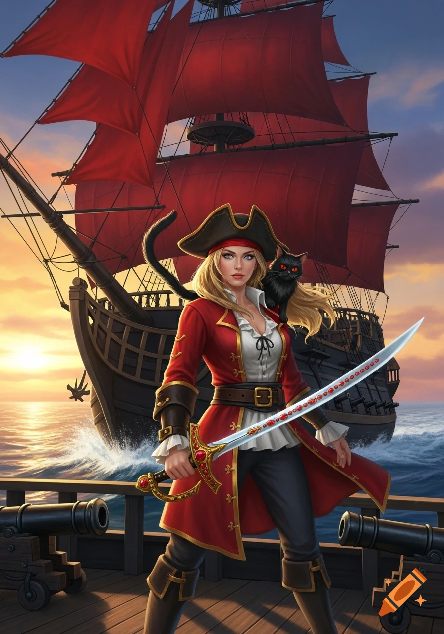 A blonde woman in a red pirate outfit with a black cat on her shoulder stands on a ship deck at sunset, holding a ruby sword.