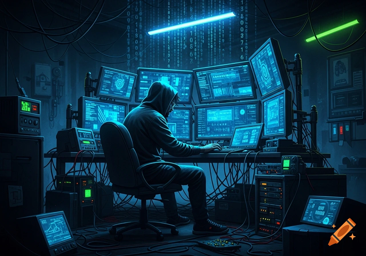 A hooded hacker works at a desk surrounded by multiple glowing computer monitors displaying code and data, in a dark, tech-filled room.