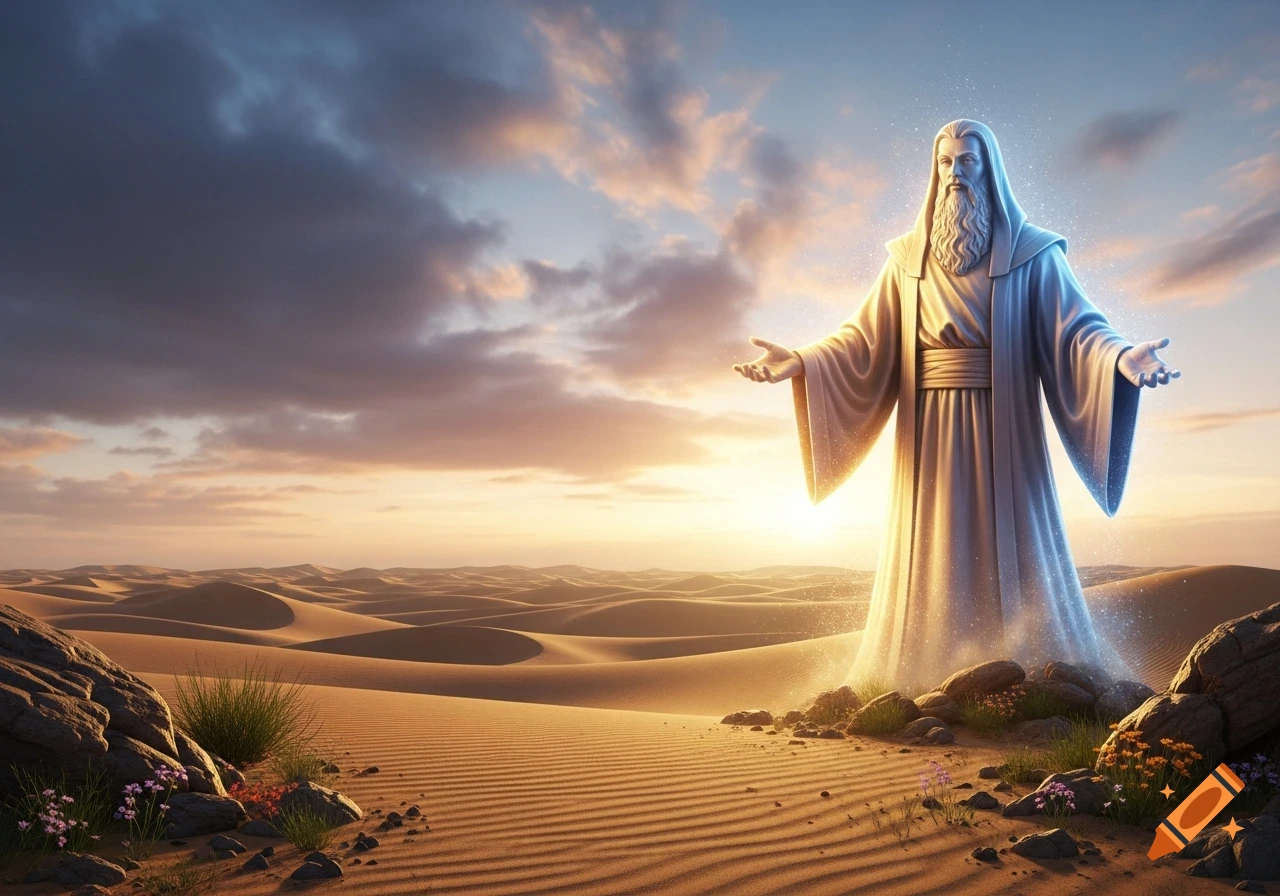 A glowing, bearded figure in robes stands with open arms in a vast desert at sunrise, with dramatic clouds, in a magical style.