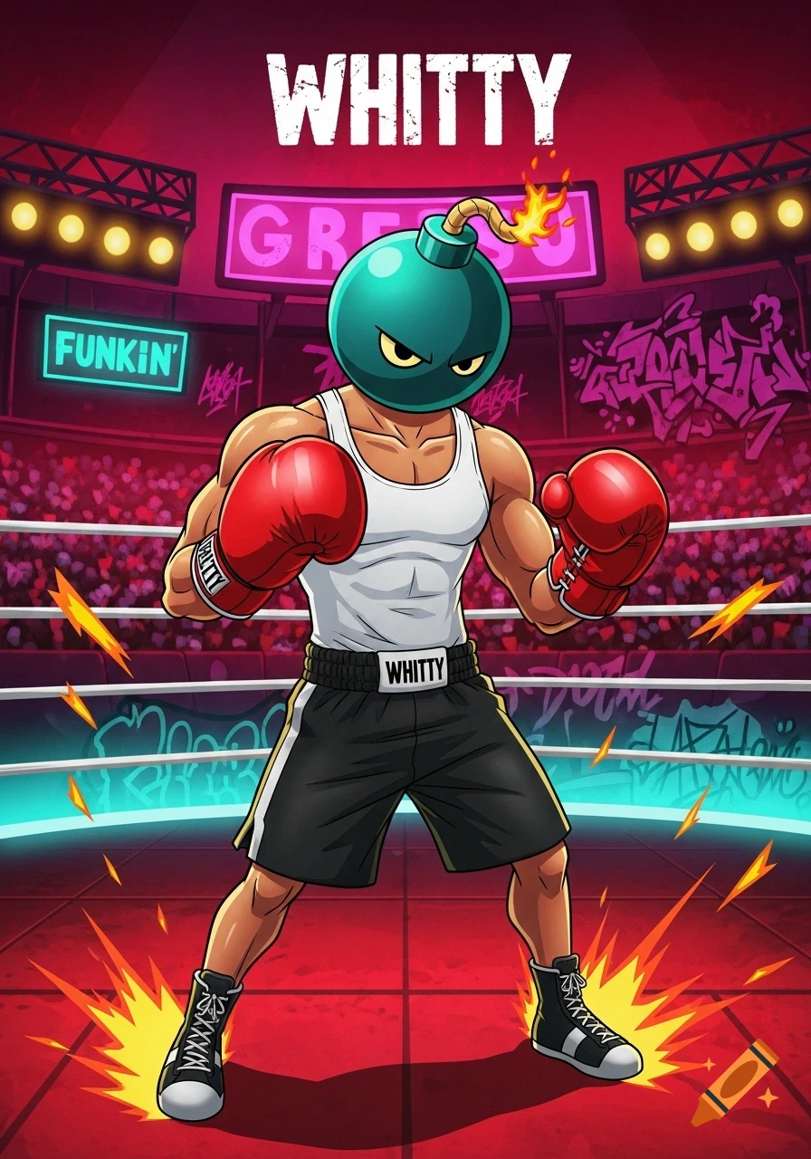 Cartoon character Whitty with a bomb head, wearing red boxing gloves, a white tank top, and black shorts, stands in a boxing ring with a crowd in the background in a vibrant, stylized art style.