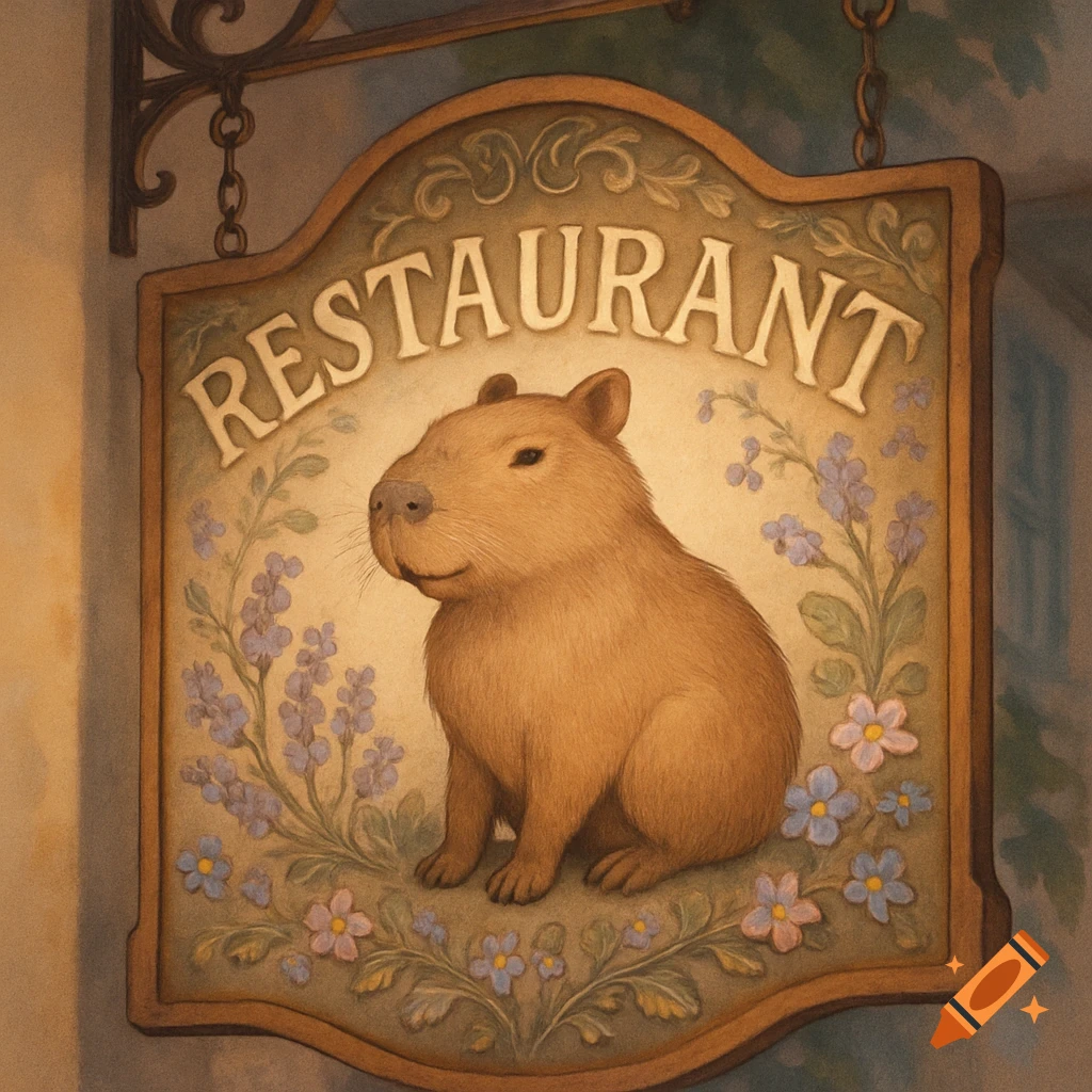 A charming restaurant sign featuring a cute capybara surrounded by delicate blue and pink flowers, in an illustration style.