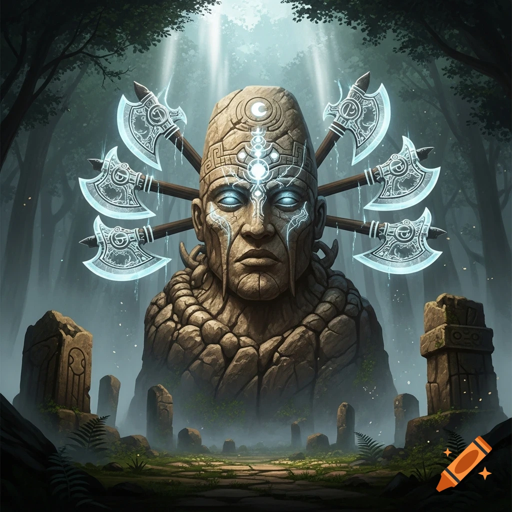 A massive stone idol with glowing blue eyes and symbols, surrounded by six glowing blue axes, stands in a misty, ancient forest.