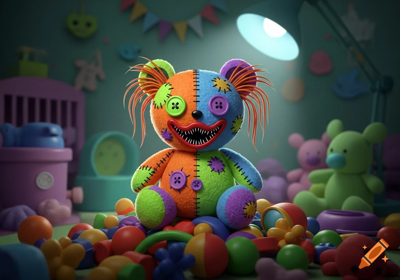A colorful, fuggler-like plush toy with sharp teeth and button eyes sits among other toys in a dimly lit room, with a lamp illuminating it.