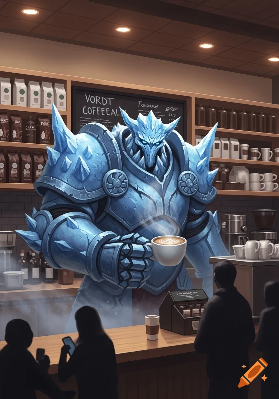 A large, ice-armored fantasy creature, Vordt of the Boreal Valley, works as a barista, holding a cup of latte in a coffee shop with customers.