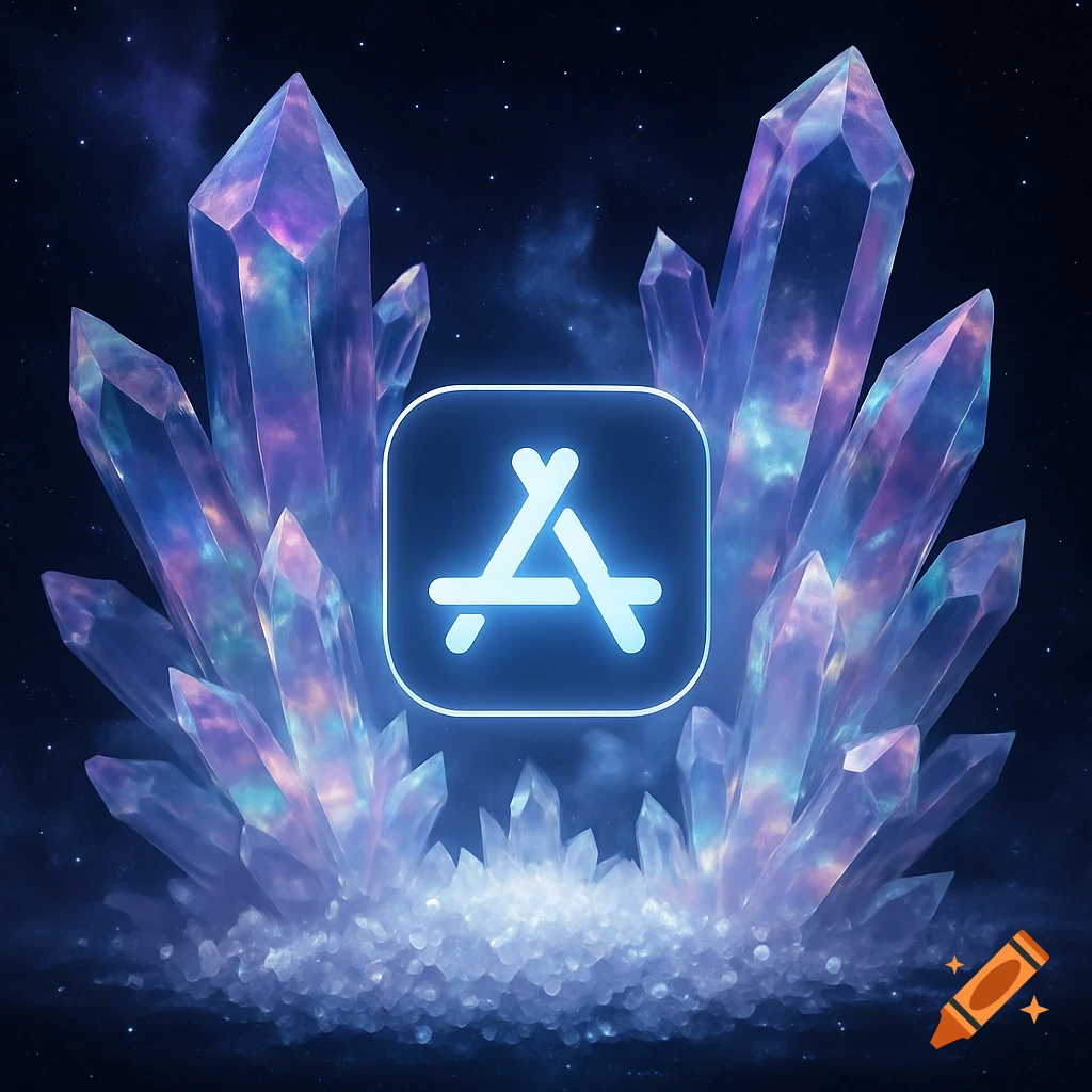 Glowing App Store logo surrounded by purple and blue crystals against a starry galactic background.