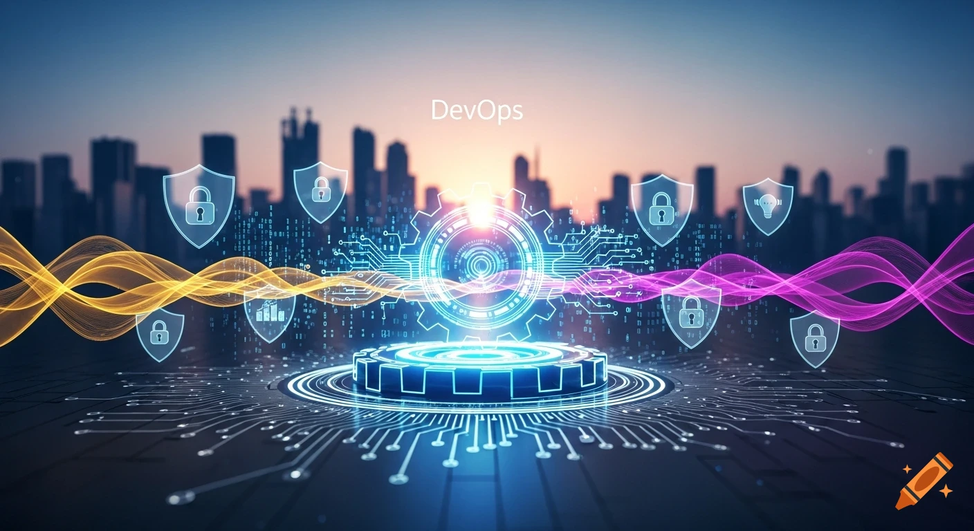 Futuristic digital illustration of DevOps concept with a glowing gear, circuit board, security shields, data waves, and a cityscape backdrop.