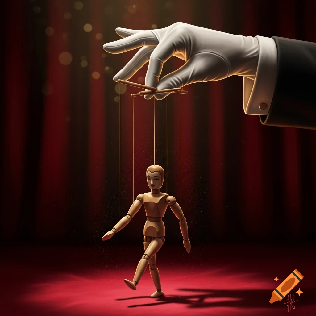 A gloved hand controls a wooden marionette puppet with strings on a red stage in front of red curtains.