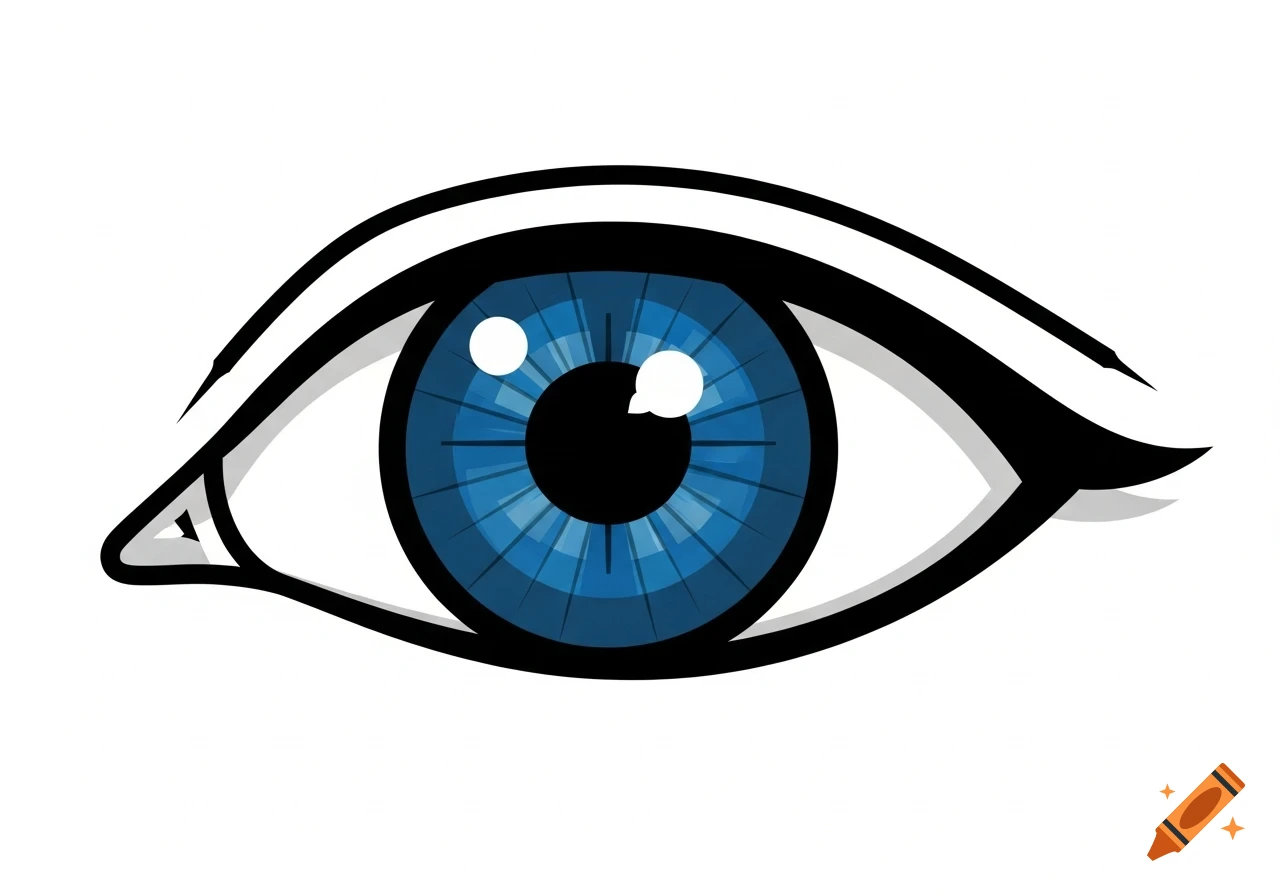 A stylized illustration of a blue eye with a black pupil and thick black outlines, looking forward.