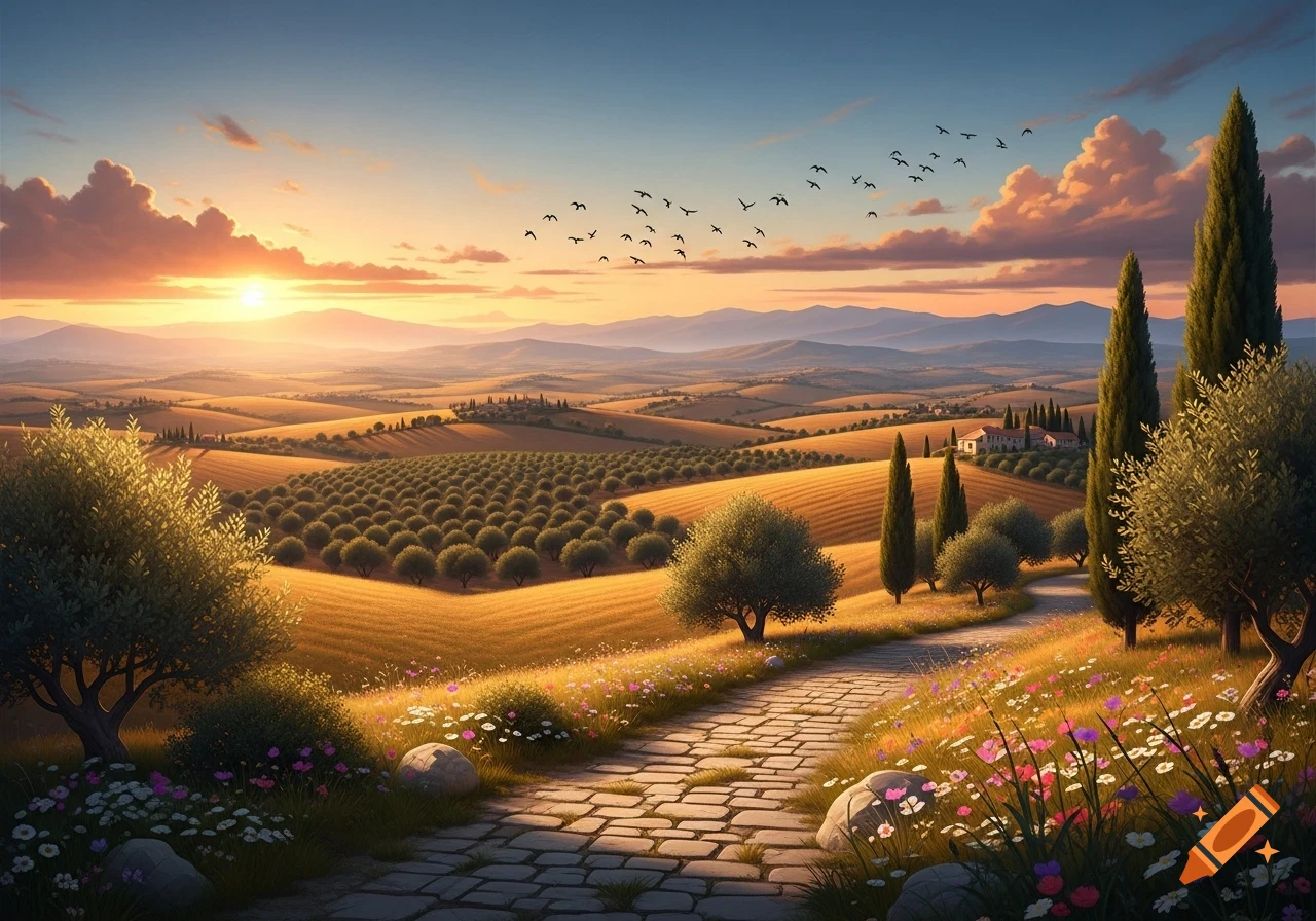 A serene Tuscan landscape at sunset with rolling golden hills, olive groves, a winding stone path, and cypress trees.
